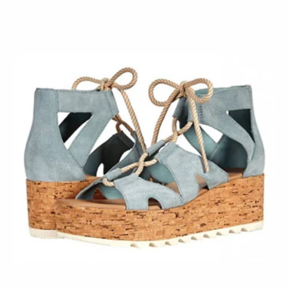 Sorel Cameron Flatform Lace Suede Ghillie Gladiator Wedge Sandal Blue Suede 9